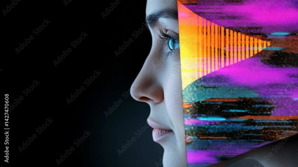 Poster a close-up portrait of a young woman with an abstract digital overlay representing technology and da