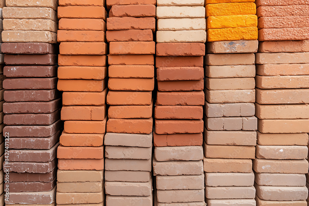 Poster neatly stacked bricks showcase varying shades of red and beige, ideal for construction and design pr