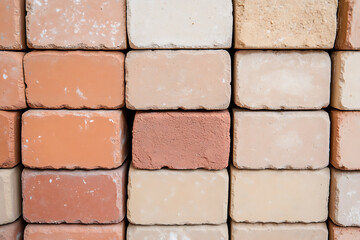 Stacked Bricks: A textural study of earth tones. Bricks of various shades are neatly arranged, presenting a diverse palette.