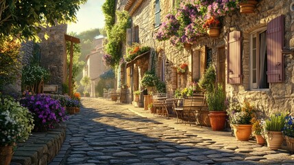 Fototapeta premium Narrow cobblestone street in a charming European village with yellow and beige stone buildings