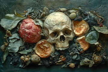 Skull in glass vase with colorful flowers, striking contrast between life and death.