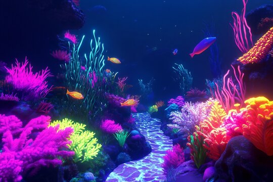 A psychedelic underwater scene with neon fish swimming through vibrant coral reefs, glowing in the dark,  created by ai
