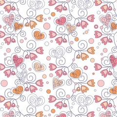 Curly flowers and hearts in dashed lines pattern