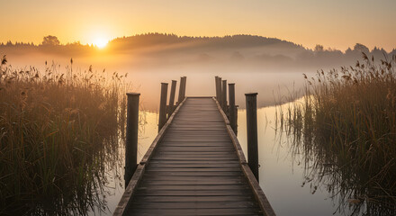 Obraz premium A chill sunset spills over a peaceful lake, with a wooden dock stretching out into the water, surrounded by lily pads and tall reeds