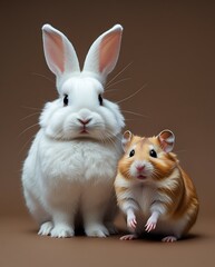 Fototapeta premium Adorable white rabbit and cute brown hamster posing together on brown background, perfect representation of friendship and domestic pet companionship 