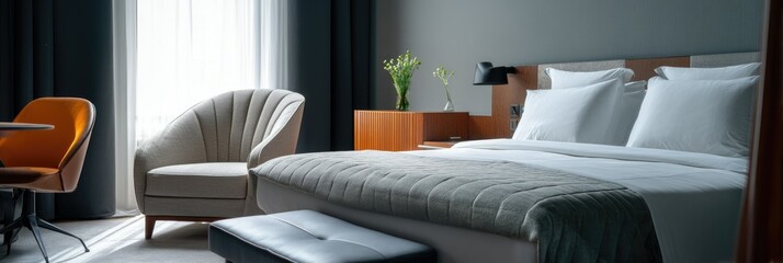 Modern Hotel Room: Serene Bed, Elegant Chair, and Tranquil Design