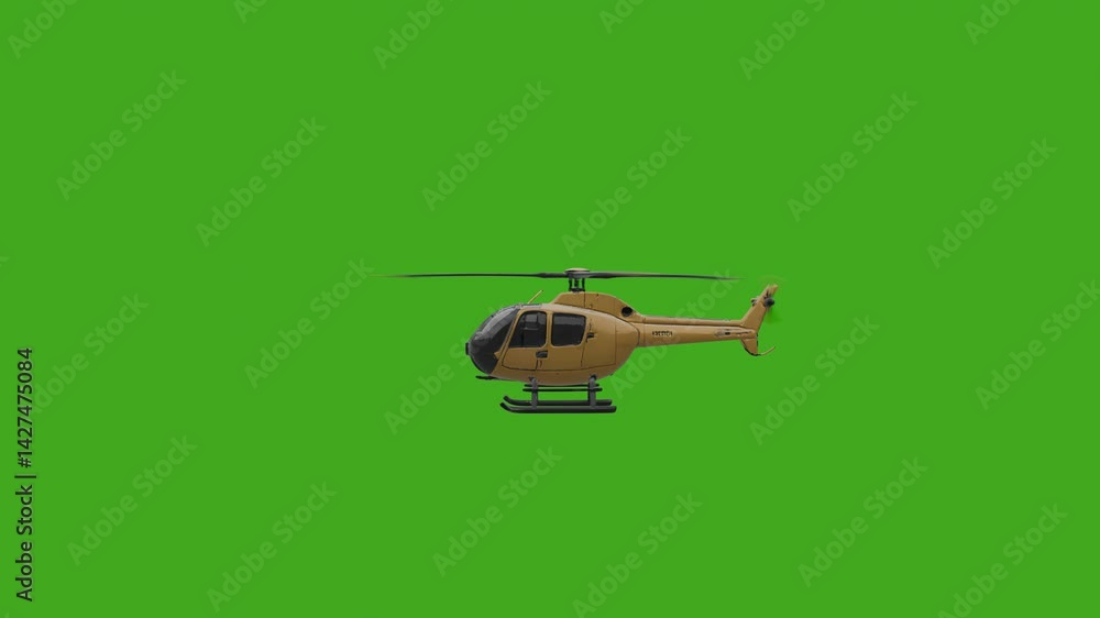 Poster side view helicopter animation hovering and flying against green screen background, showcasing seaml