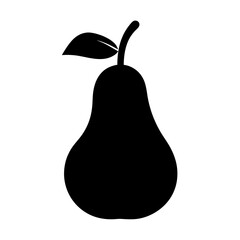Silhouette Illustration of a Pear with Leaf and Stem on White Background