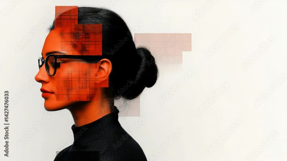 Poster female profile with glasses merging into abstract digital design featuring geometric patterns and sh