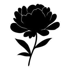 Striking black silhouette of a beautiful peony flower with stem and leaves © pixostudio
