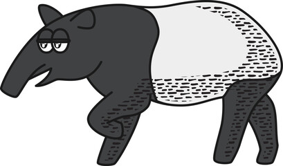 Retro and cartoon style Malayan tapir character illustration