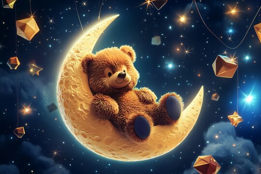 A 3D cartoon bear with a fluffy coat, sitting on a crescent moon surrounded by sparkling stars and floating geometric shapes,  created by ai