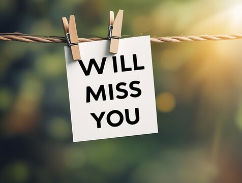 Farewell message card with "We Will Miss You" text hanging on a rope outdoors, symbolizing goodbye, gratitude, and emotional connection in a natural setting
