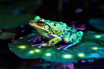 A neon green frog with glowing spots, sitting on a neon lily pad in a dark pond,  created by ai