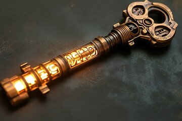 A steampunk key, intricately carved from brass and copper, with glowing runes etched on the shaft,  created by ai