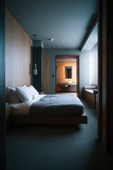 Serene Minimalist Bedroom: Wood, Gray, and Soft Light