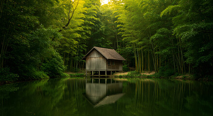 Fototapeta premium A cozy wooden cabin sits snugly in the middle of a thick forest
