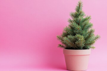 Small, artificial Christmas tree in a terracotta pot.