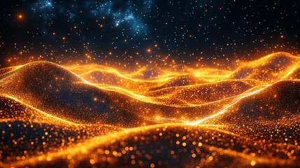 Obraz premium Abstract glowing golden hills in a dark cosmic background.
