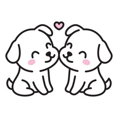 Cute Twins Couple White Puppies Dog Pet Character Falling in Love in Doodle Style