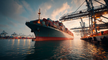 朝日や夕暮れの港で荷役中の大型コンテナ船とグローバル物流の風景航海運搬
