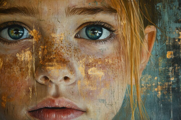 Fototapeta premium A painting of a girl with striking blue eyes, her gaze piercing through the canvas with an aura of mystery and depth.