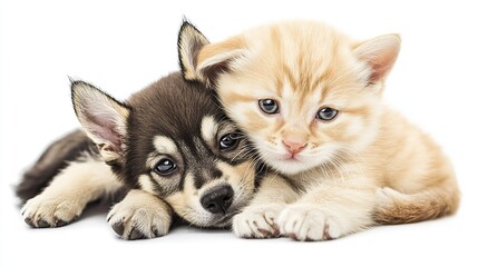Obraz premium Funny and Cute Kitten and Puppy Bonding Together. Friendship Between Animals Isolated on Transparent Background
