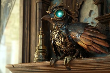 A steampunk mechanical bird with brass feathers, glowing eyes, and intricate clockwork wings, perched on an antique wooden shelf,  created by ai