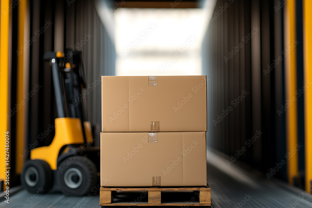 Poster boxes on a pallet ready to be transported by a forklift, representing the process of shipping and de