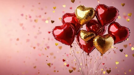 A festive arrangement of red and gold heart-shaped balloons with ribbons