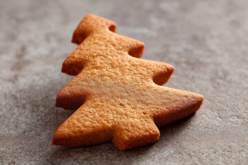 Close-up of a festive gingerbread tree cookie.