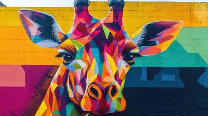 A colorful mural on a brick wall depicts a vibrant, geometric giraffe.