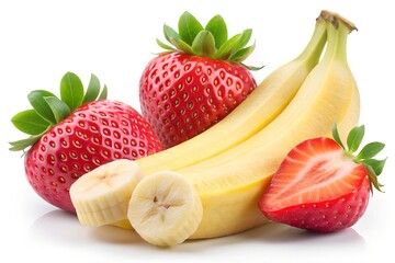 Banana and Strawberry Isolated on White Background with Clipping Path Fresh Cut Out Fruit Stock Photo