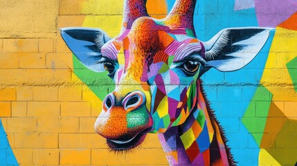 A colorful mural on a brick wall depicts a vibrant, geometric giraffe.