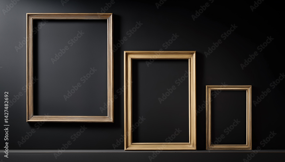 Poster three empty golden picture frames of varying sizes against a dark gray monochromatic background