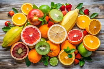 Fresh Mixed Fruits Stock Photo &ndash; Banana, Citrus, and Healthy Food Isolated on White