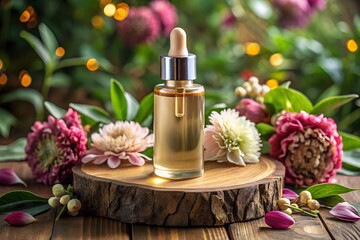 Natural Skincare Products Swatches with Dropper and Green Plants on Blue Background