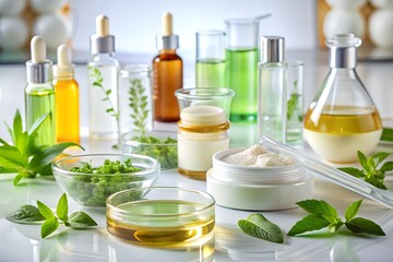 Natural Skincare Product Swatches with Dropper and Green Plants on Blue Background