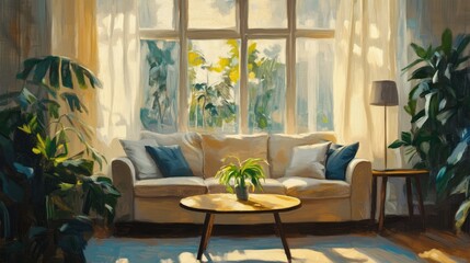Bright living room with large windows, sheer curtains, and potted plants