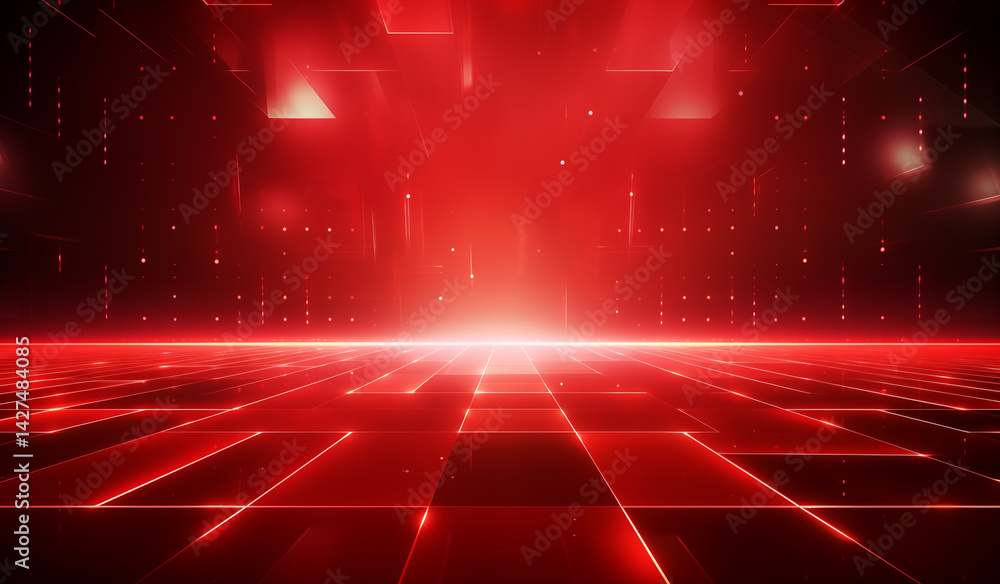 Aufkleber abstract red futuristic background with glowing lines and perspective grid on the floor plane