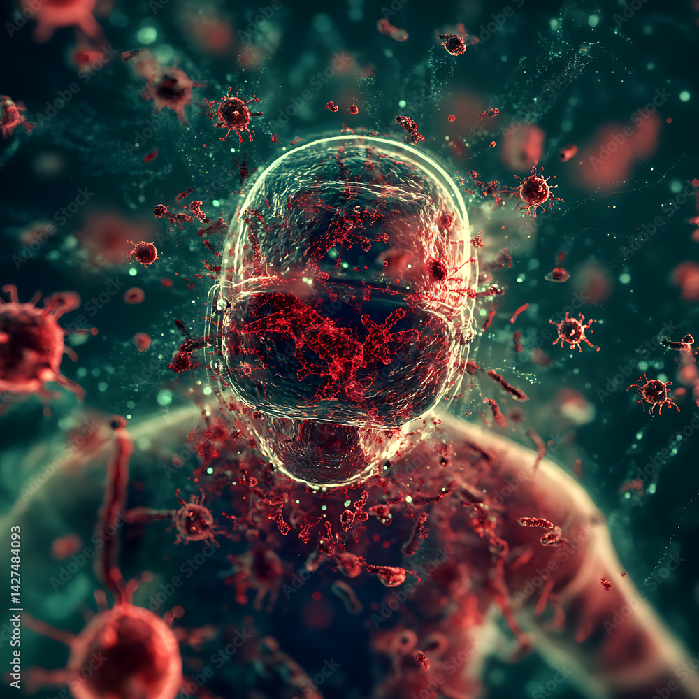 Poster viral infection simulation digital art abstract visualization microscopic environment close-up view 