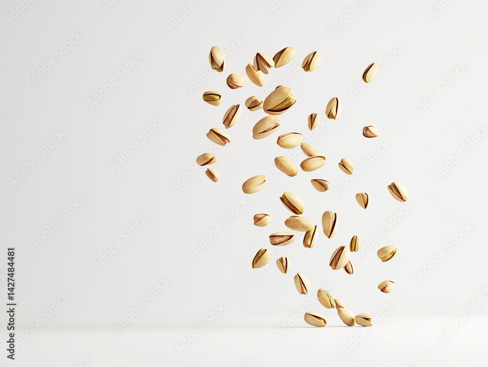 Poster scattered pistachios floating in mid air against a plain white background in a studio setting