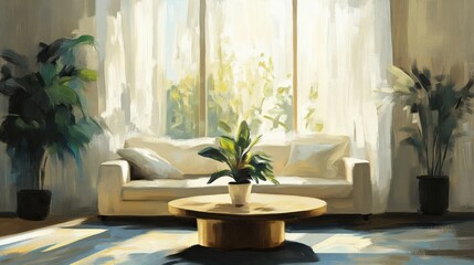 Bright living room with large windows, sheer curtains, and potted plants