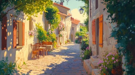 Narrow cobblestone street in a charming European village with yellow and beige stone buildings