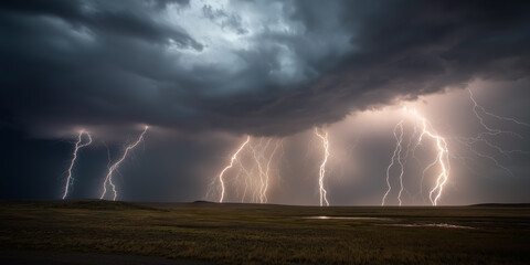 Dramatic lightning storm over a field with dark clouds and bright strikes illuminating the landscape