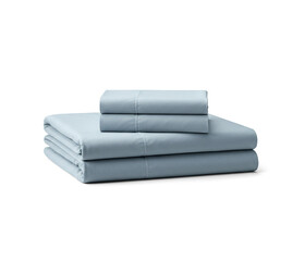 A folded bedsheet set with pillowcases, neatly stacked, isolated on white