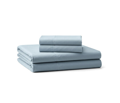 A folded bedsheet set with pillowcases, neatly stacked, isolated on white
