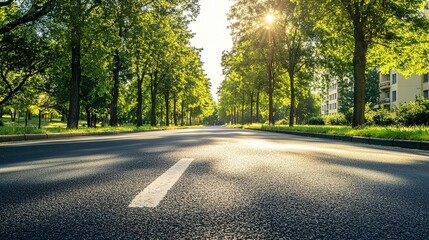 Fototapeta premium Wide Asphalt Road Between Modern Apartment Buildings with Green Trees and Warm Summer Sunlight
