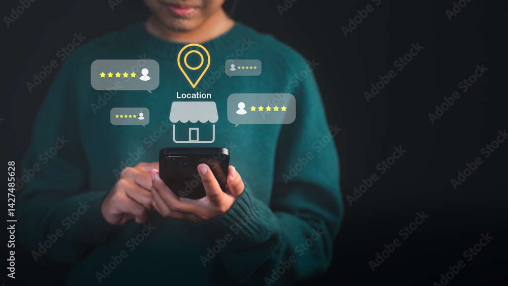 Poster Young customer using a smartphone to check local business reviews and ratings, with location and star feedback icons. Digital marketing, local SEO, and consumer experience in online business reviews.