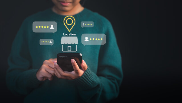 Young customer using a smartphone to check local business reviews and ratings, with location and star feedback icons. Digital marketing, local SEO, and consumer experience in online business reviews.